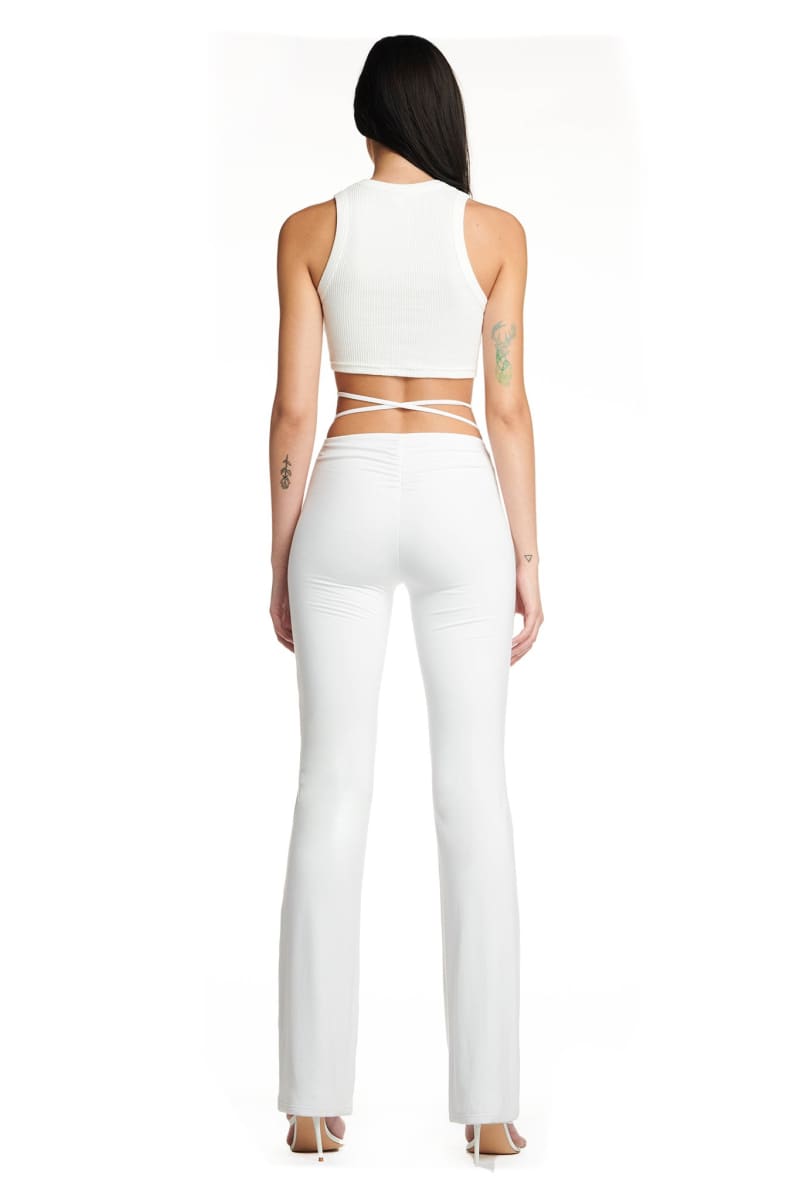White Lace-Up Ruched Flare Pants & Halter Crop Top Set