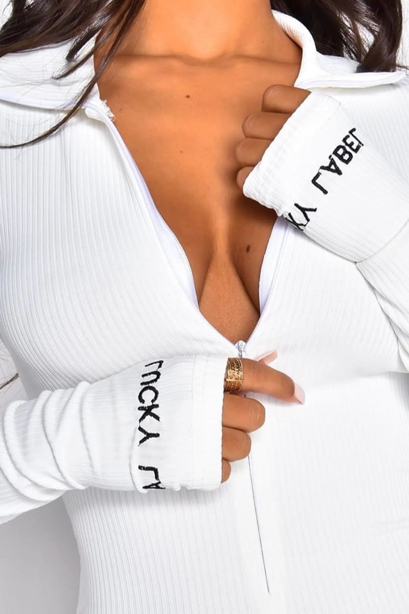 White Long Sleeve Ribbed Turtleneck Jumpsuit