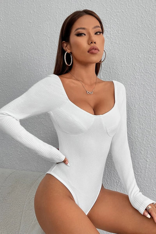White Long Sleeve Underwired Ribbed Bodysuit