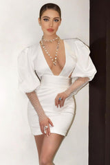 White Puff Sleeve Bodycon Mini Dress / S Dress