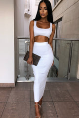 Womens White Ribbed Maxi Two Piece Crop Top Skirt Set Skirt Set