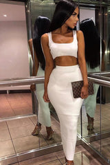 White Ribbed Maxi Two Piece Crop Top Skirt Set