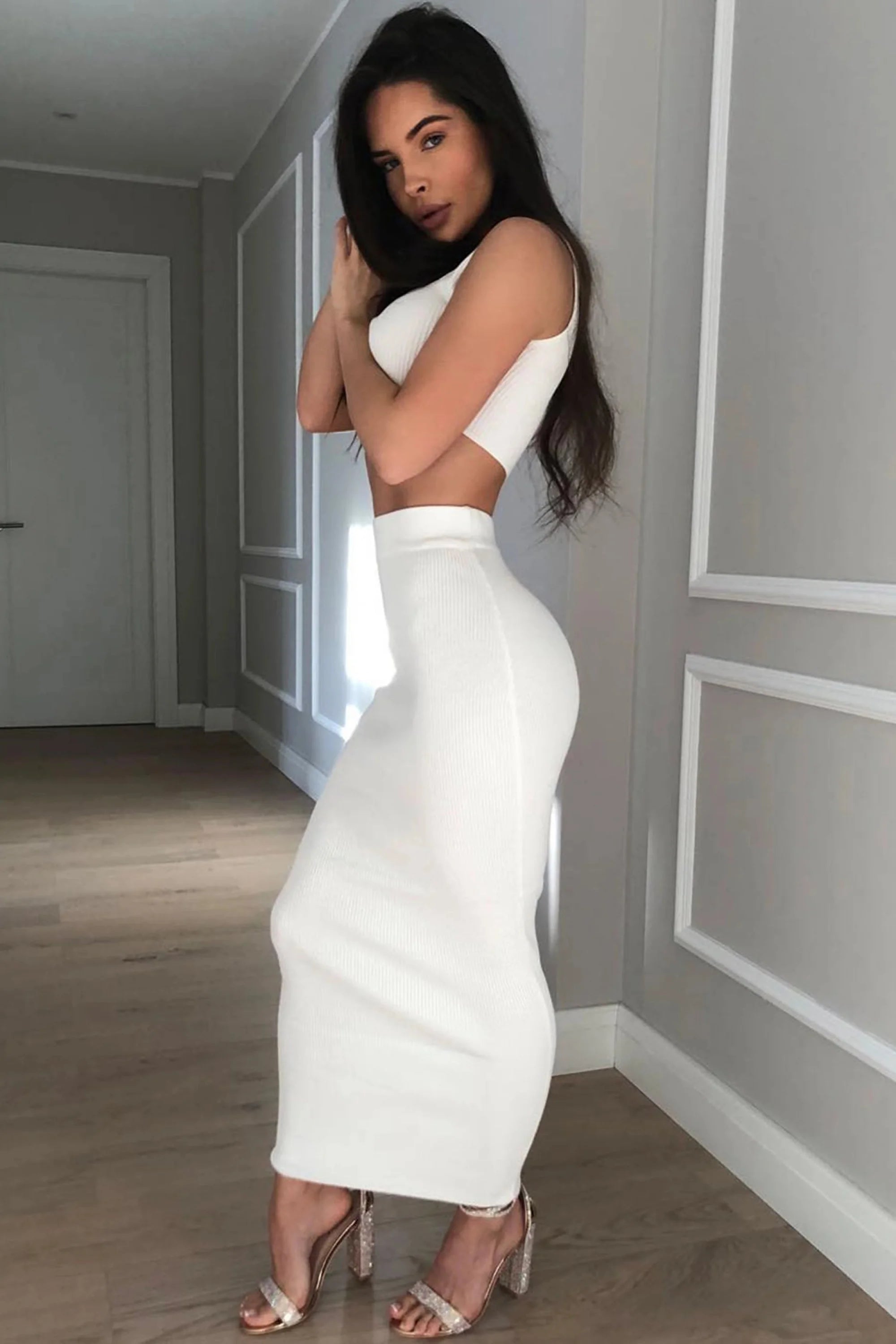 White Ribbed Maxi Two Piece Crop Top Skirt Set / L