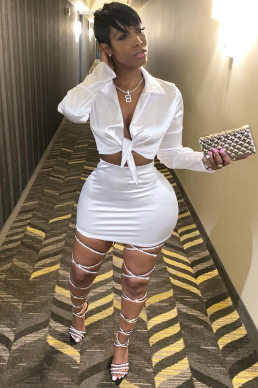 White Satin Two Piece Skirt Set