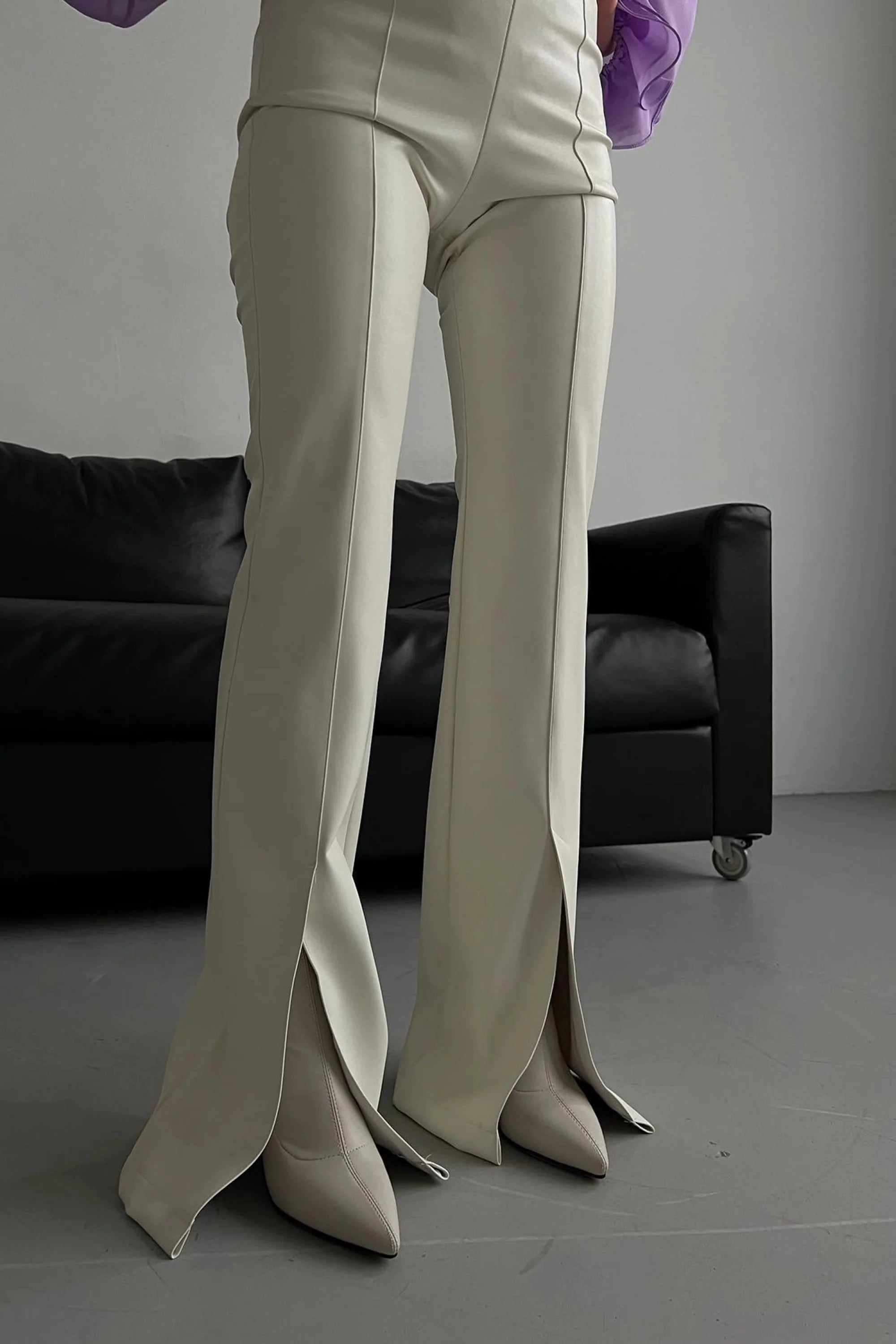 White Split Hem Flare Leather Pants