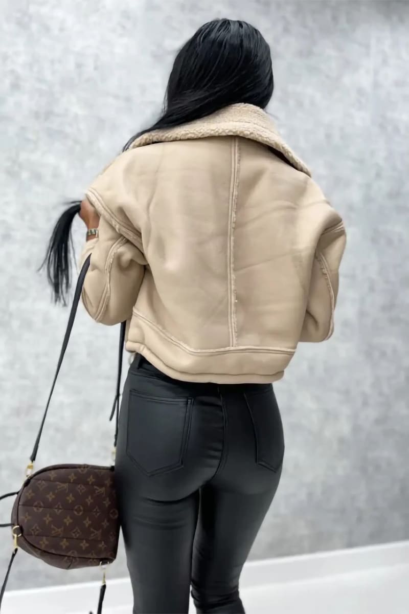 Women's Beige Leather Shearling Aviator Cropped Jacket