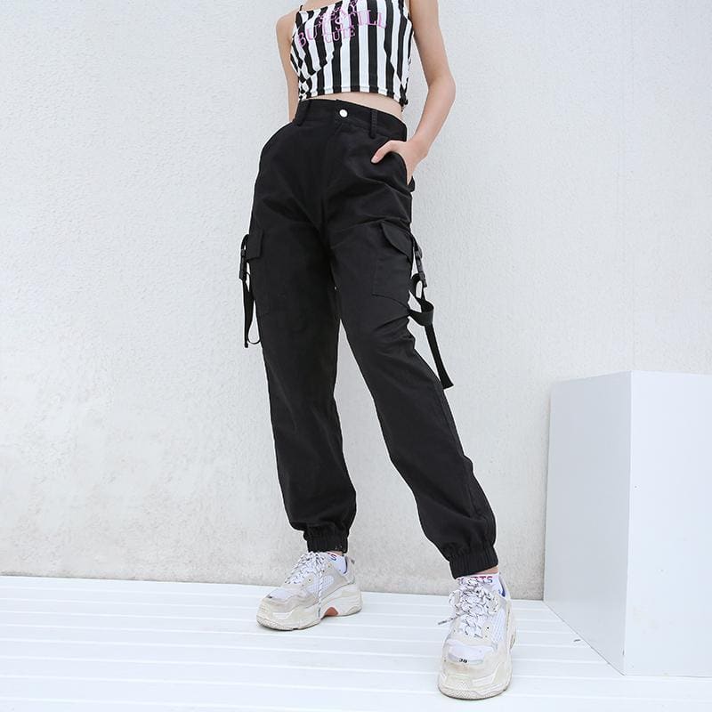 Womens Black High Waist 4 Pocket Strapped Cargo Pant Pant