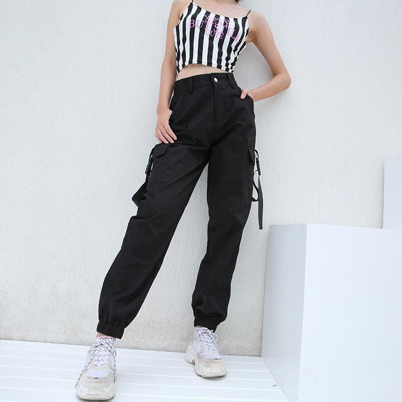 Womens Black High Waist 4 Pocket Strapped Cargo Pant Pant