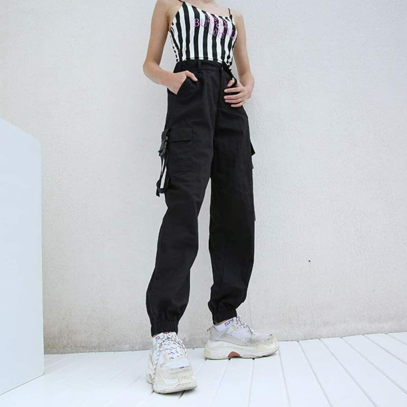 Womens Black High Waist 4 Pocket Strapped Cargo Pant Pant