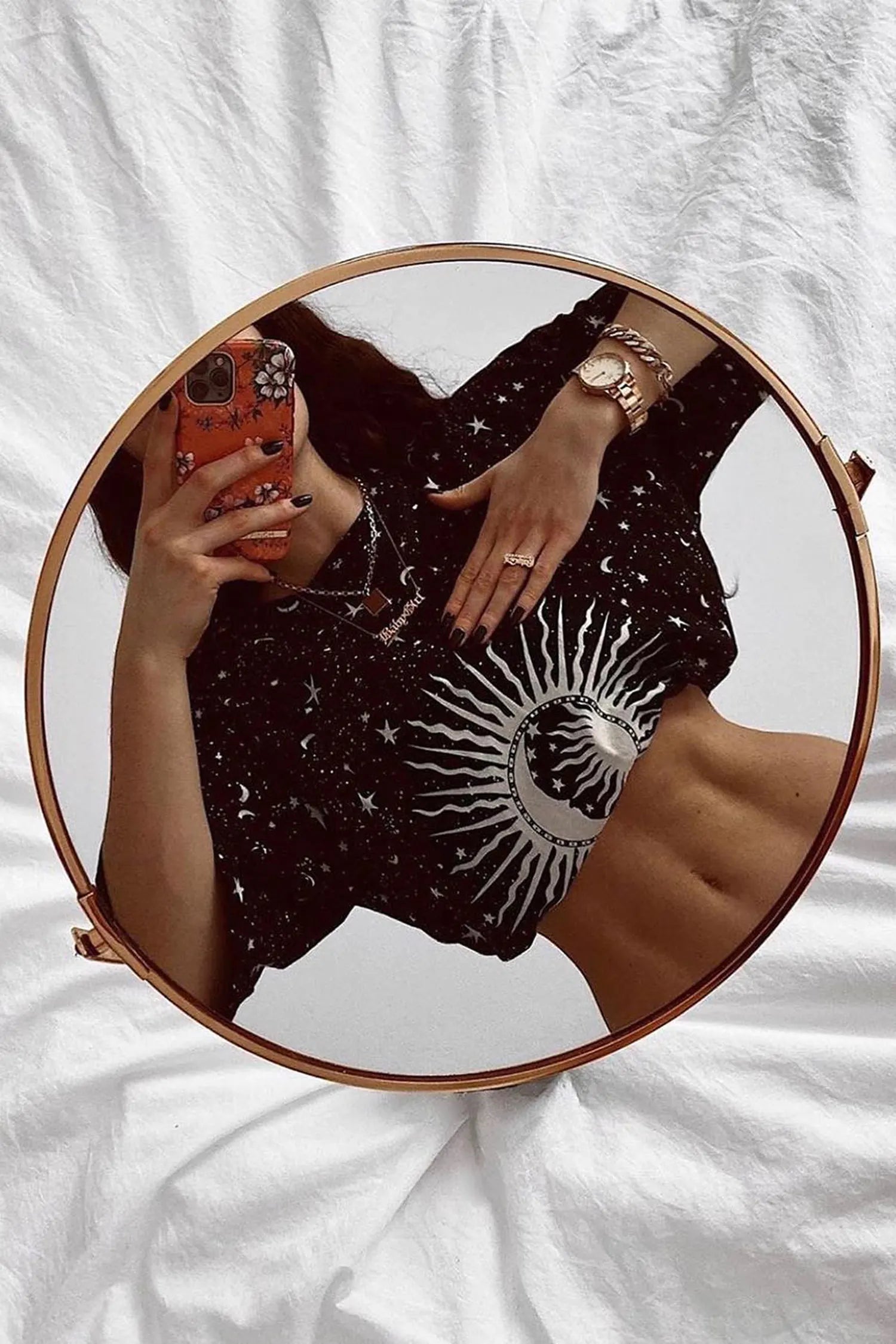 Women's Black Oversized Crewneck Moon And Stars T-shirt Dress
