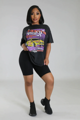 Womens Black Oversized Race Car Print T-Shirt