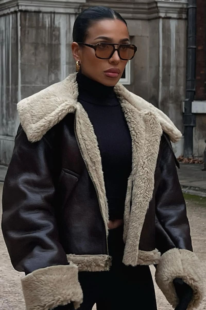 Women's Brown Cropped Lined Leather Sherpa Jacket