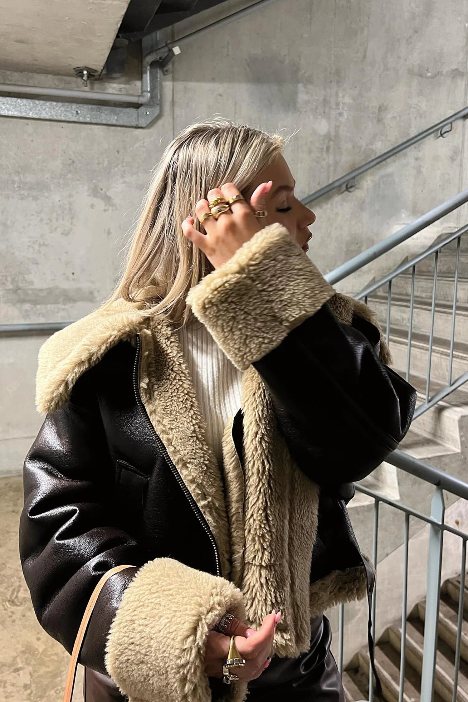 Women s Brown Cropped Lined Leather Sherpa Jacket IRHAZ