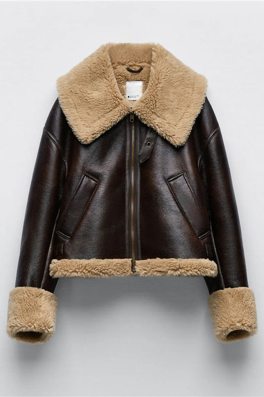 Women's Brown Cropped Lined Leather Sherpa Jacket