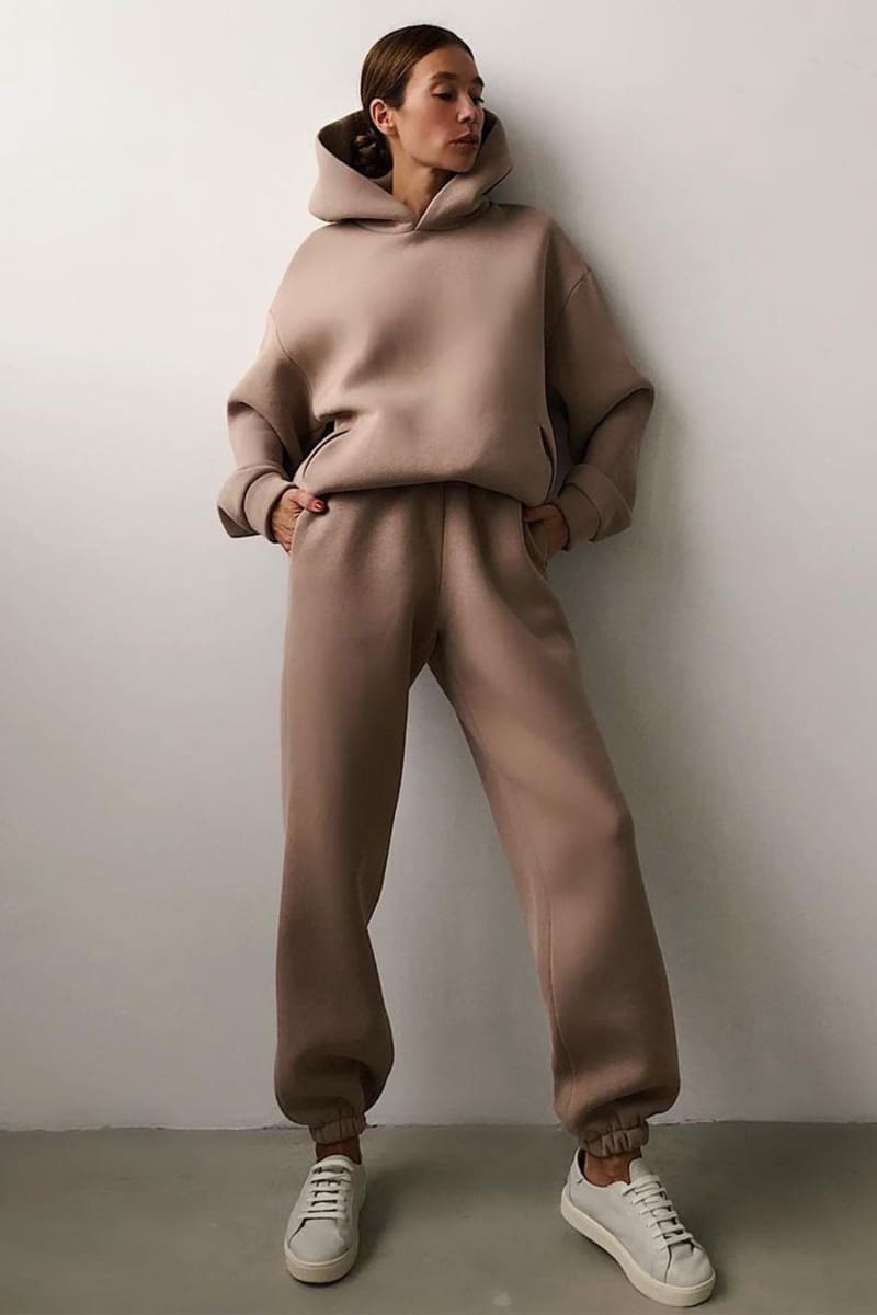 Womens Khaki Hooded Loungewear Set Outfit Sets