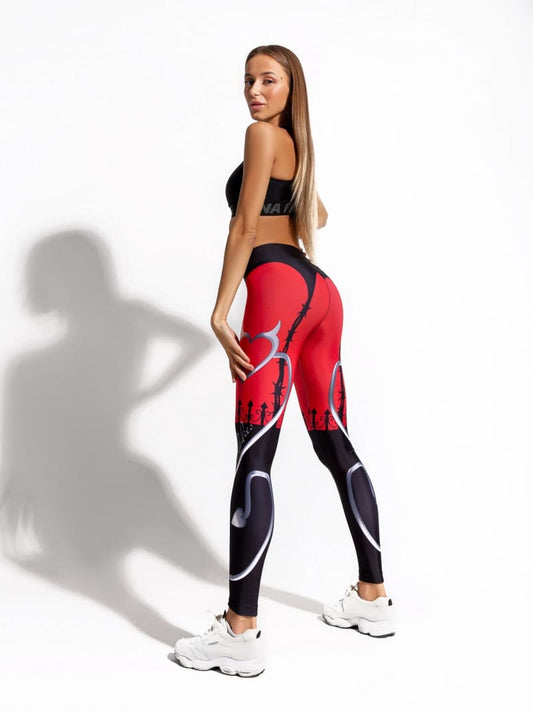 Womens Red And Black Printed Leggings Pant