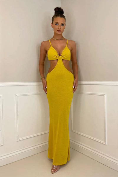 sachin and babi light blue dress Yellow Front Tie Cut Out Backless Knitted Maxi Dress – IRHAZ