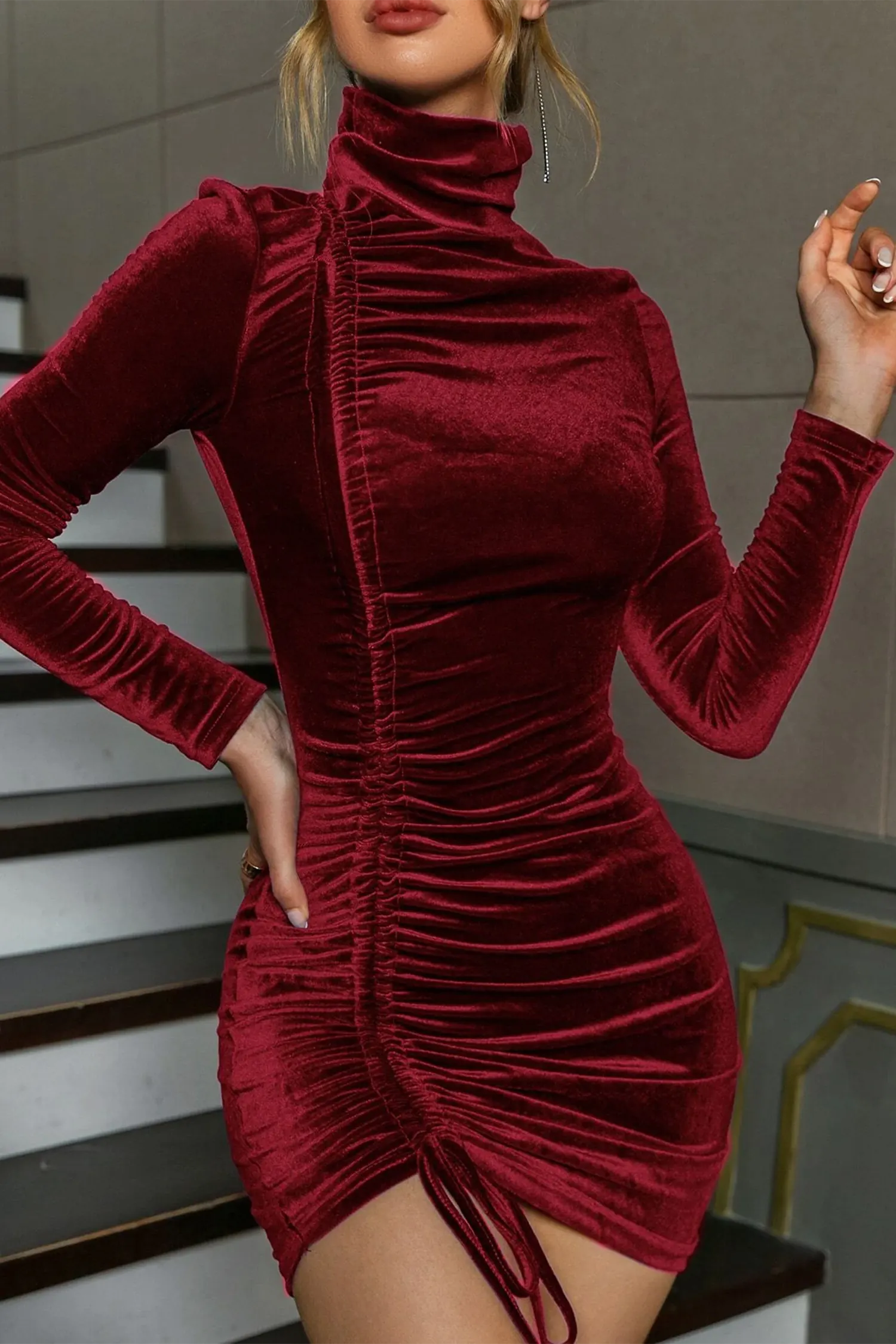 Burgundy Velvet Long Sleeve Ruched Turtleneck Mini Dress