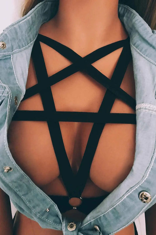Black Pentagram Strappy Harness Cage Bandage Bra