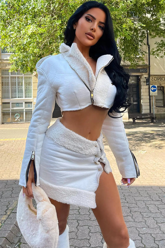 White Cropped Faux Fur Jacket & Mini Asymmetrical Skirt Set