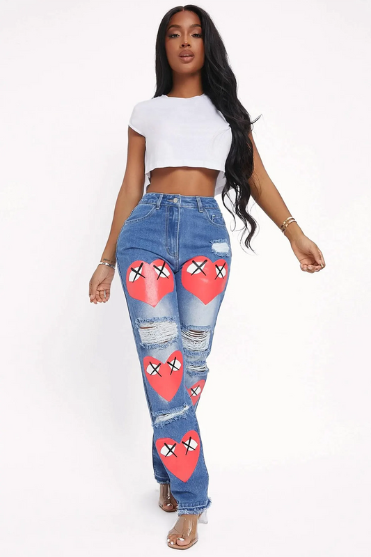 Blue High Waisted Red Heart Print Distressed Mom Jeans