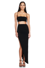 Black High Waisted Ruched Asymmetrical Maxi Skirt