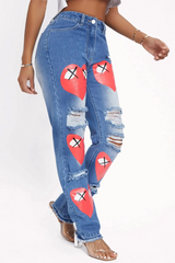 Blue High Waisted Red Heart Print Distressed Mom Jeans