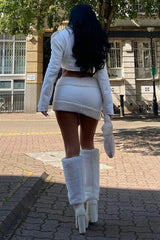 White Cropped Faux Fur Jacket & Mini Asymmetrical Skirt Set