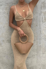 Beige Front Tie Cut Out Backless Knitted Maxi Dress