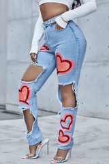 Blue High Waisted Heart Print Ripped Mom Jeans