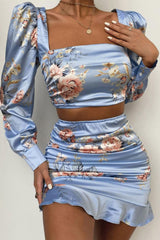 Blue Floral Print Satin Ruffle Two Piece Dress