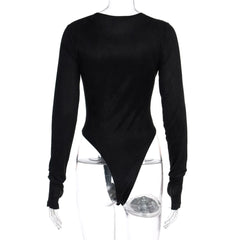 Black Long Sleeve High Cut Suede Bodysuit