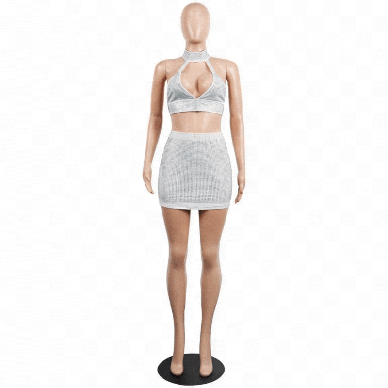 Women's white Two Piece Diamond Mini Skirt Set
