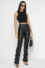 Black Front Zipper Stacked Leather Women's Cargo Pants