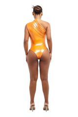 Orange One Shoulder Metallic Bodysuit