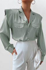 Green Cap Long Sleeve Button Up Satin Blouse