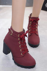 wine red Lace-Up High Heel Ankle Boots