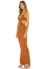 Brown Front Tie Cut Out Backless Knitted Maxi Dress