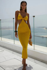 Yellow Front Tie Cut Out Backless Knitted Maxi Dress