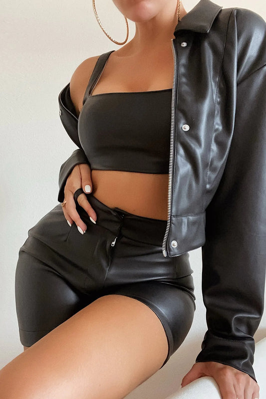 Black Leather High Waisted Shorts & Crop Top Set