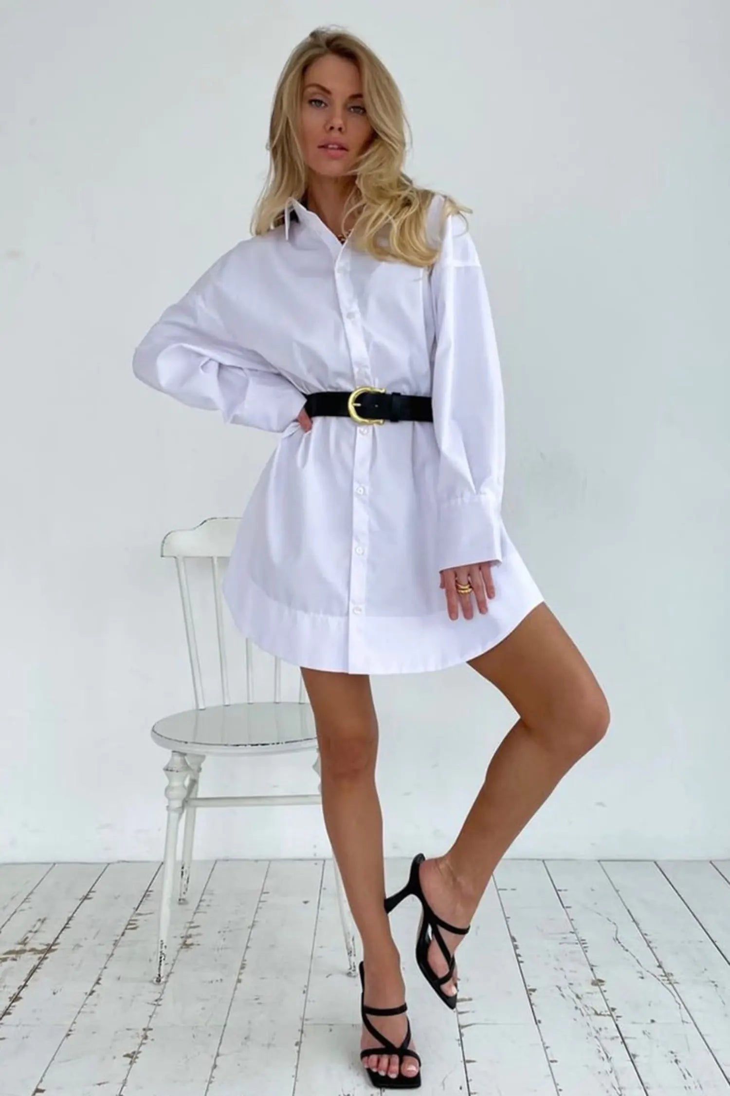 Women's White Long Sleeve Mini Shirt Dress