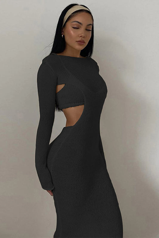 Black Knitted Long Sleeve Cutout Long Dress