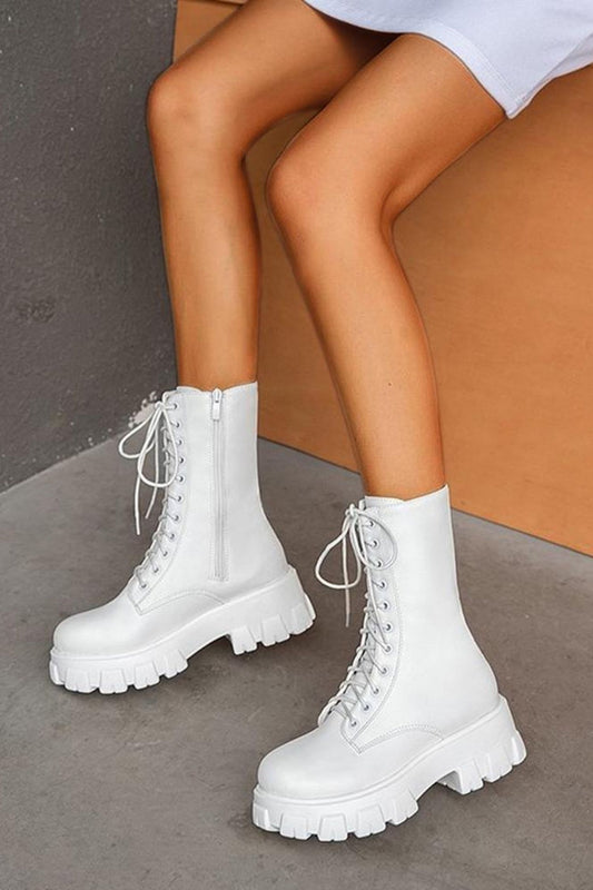 White Lace Up Mid Calf Boots