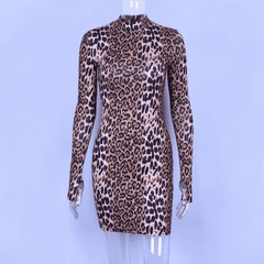 Leopard Print High Neck Long Sleeve Mini Dress