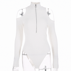 White Long Sleeves Cut Out Zip Front Bodysuit