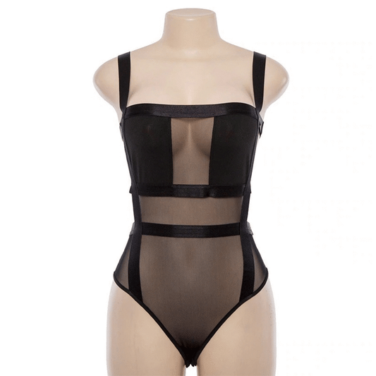 Black Transparent Sheer Mesh Bodysuit For Women Backless And Spaghetti Straps
