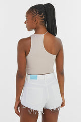 Beige Asymmetrical Halter One Shoulder Crop Top Shirts & Tops