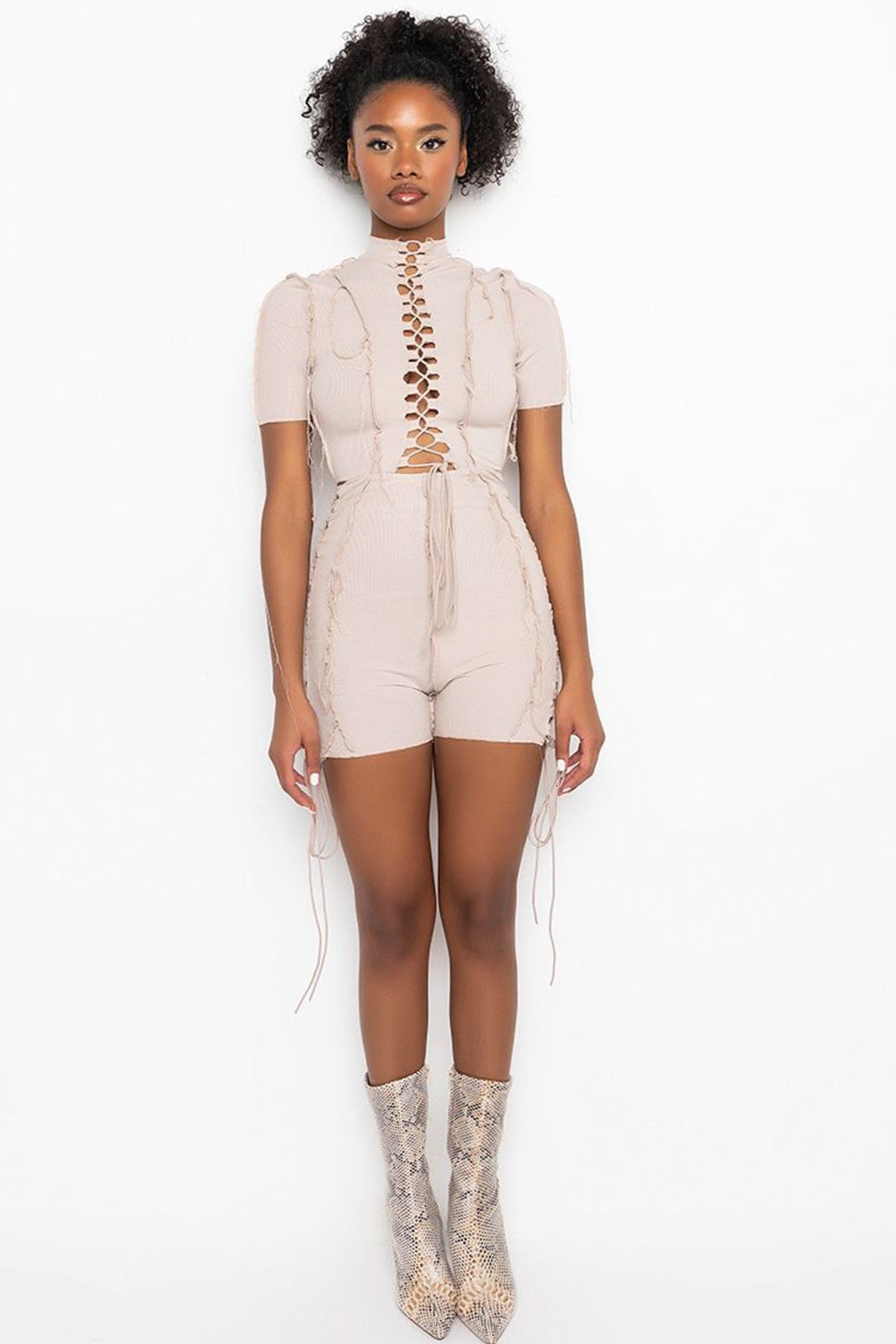 Beige Lace Up Short Sleeve Contrast Stitch Bodycon Romper Jumpsuits & Rompers