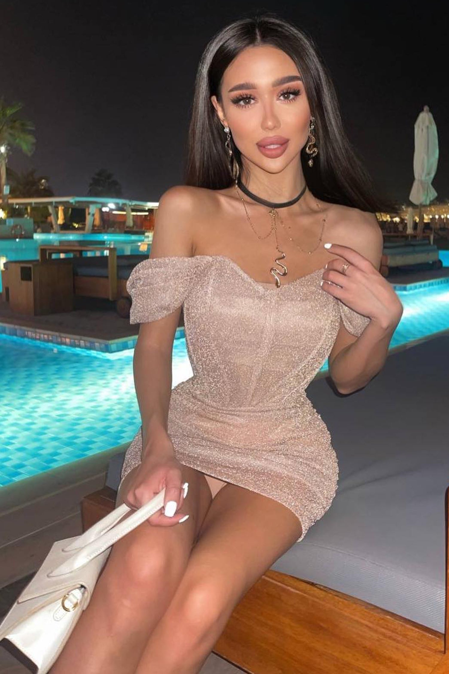 Beige Off The Shoulder Glitter Corset Mini Dress / S Dresses