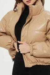 Beige Puffer Windbreaker Faux Leather Crop Jacket Coats & Jackets